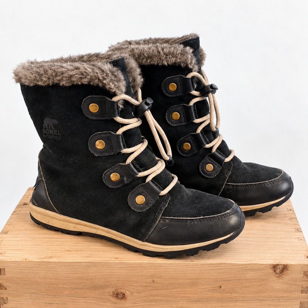 Sorel Whitney Joan Winter Boots Snow Kids Size 3 Black Waterproof Suede Faux Fur
